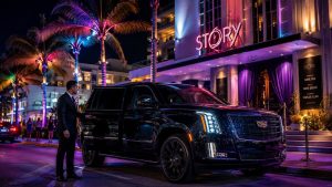 Executive luxury chauffeur sedan parked near the Miami Beach Convention Center during Art Basel