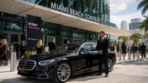 Black luxury SUV parked outside a high-end venue on Collins Avenue in South Beach at night
